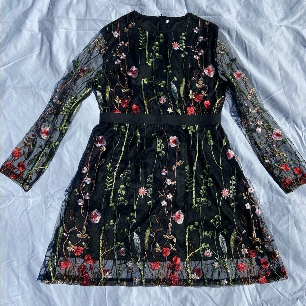 Black long sleeve embroidered mini dress